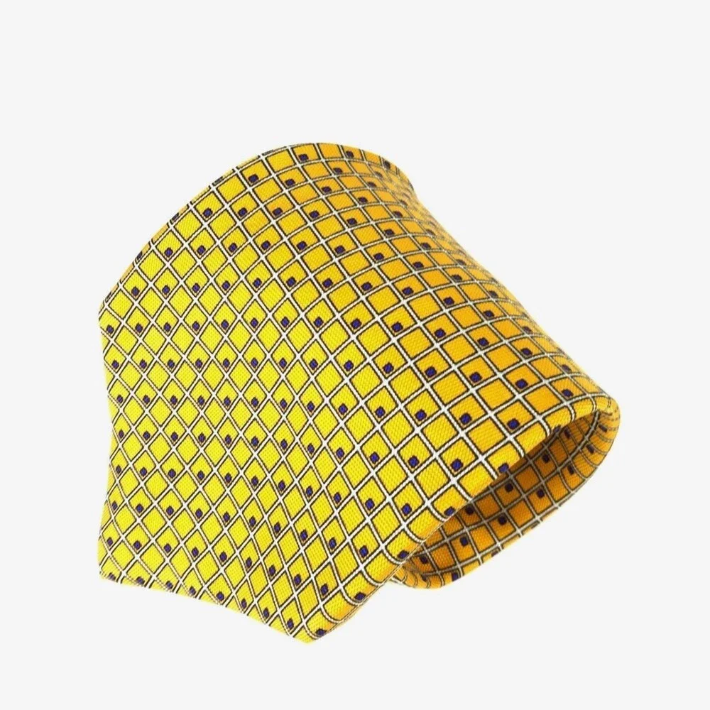 Ralph Lauren Yellow White Blue Squares Elegant 100% Silk Men's Tie Necktie 57